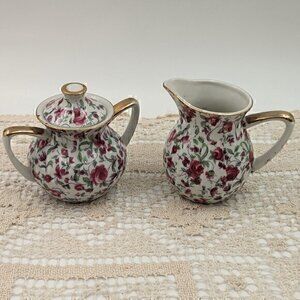 Vintage 1950s Cream and Sugar Set with a Pink and White Rose Chintz Pattern